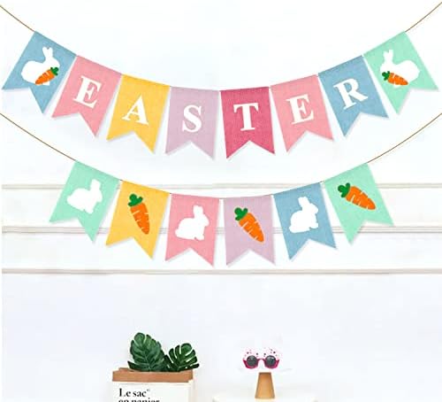 Велигденски Бурлап Банер Велигденски зајаче морков, шарени велигденски украси Бурлап, висина од венчаница за пролетни тематски забави, материјали,
