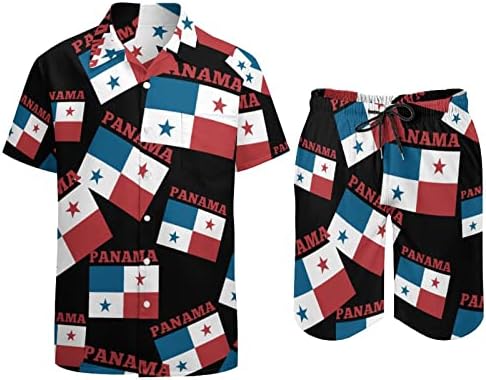 Панама знаме машка 2 парчиња облека на плажа на Хавајски копче надолу со кошула со краток ракав и костуми за шорцеви