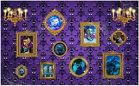 Allenjoy Ноќта на вештерките Виолетова прогонувана куќа Фото рамка за позадината за магичен wallид плашлив дух пајак веб -бебе туш за