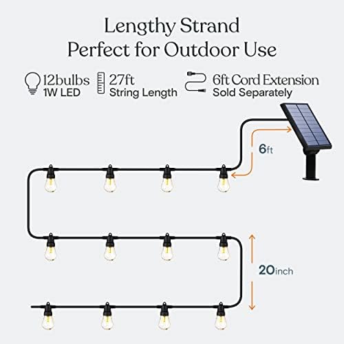 Brightech Ambience Pro Solar Powered Outdoor String Lights - Комерцијално одделение за внатрешни светла со 27 стапки Едисон сијалици