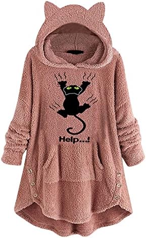 Vodmxygg Зимски палта жени руно везење мачка уво плус големина худи џеб врвен џемпер блуза топла лесна надворешна облека