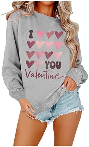 Валентин жени врвови слатки loveубовни кошули за печатење фустани лабава лабава долга ракав екипаж џемпер за џемпери на празник пулвер блузи
