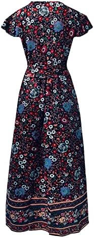 Фустан за замав со мијашуи со џебови дами лето лето -обичен цвет цветниот принт со високи половини ремени со краток ракав, соблечен фустан