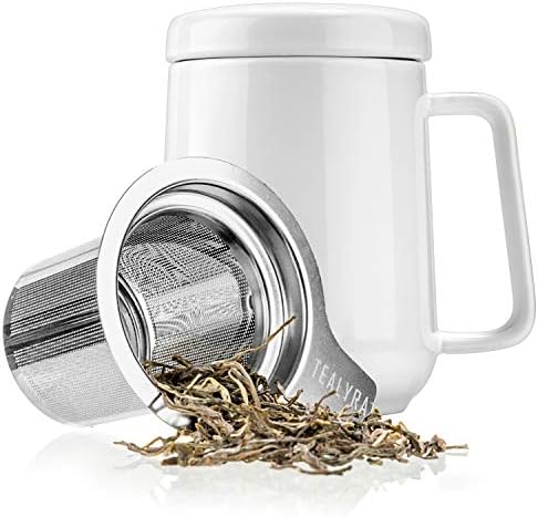 Tealyra - Врвен керамички бел чај чаша инфузер - 19 -унца - Голем чај со висока керамичка кригла со капаци и инфузер од не'рѓосувачки челик -