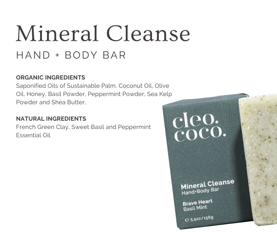 Cleo+Coco Cleanse Bar, минерална рака и сапун за чистење на телото, пакување со нула отпад, без алуминиум, сите типови кожа, вклучувајќи акни,