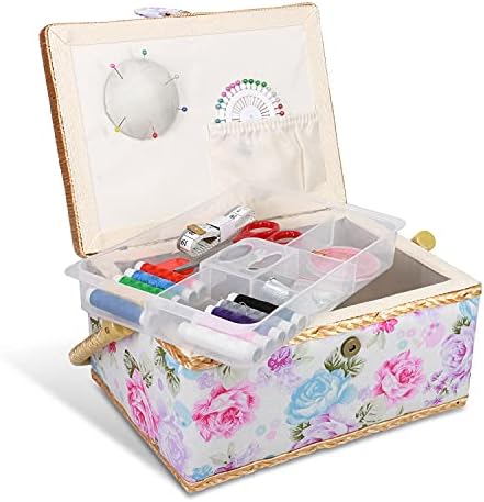 Кутија за шиење Наварис со додатоци - шиење корпа со оддели за организатор 9,7 x 6,9 x 4,9 - вклучува комплет за 76 парчиња - роза печатење