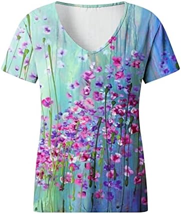 Женски кошули фустани обични цвеќиња од цвеќиња против летни маици со летен пуловер печатени тунични кратки ракави удобни блузи