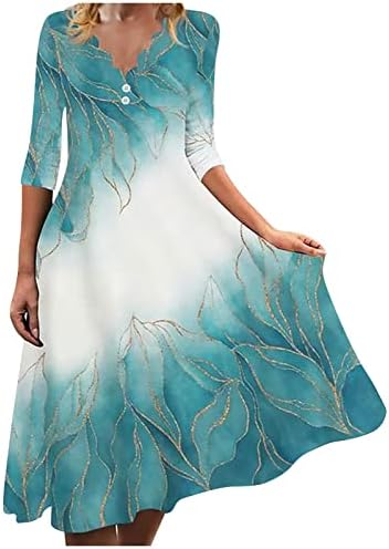 Женско случајно цветно печатење брановидно копче V-вратот 3/4 ракав пролетен есенски фустан