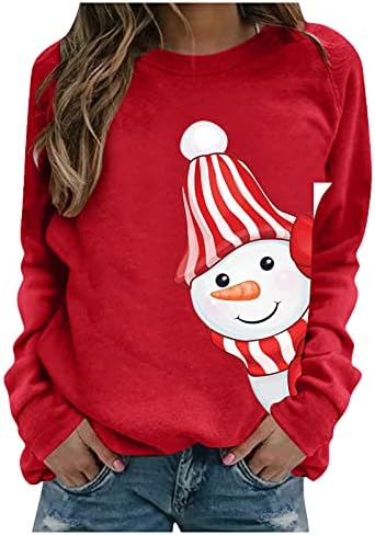 Лабави жени каузални џемпери Божиќни врвови графички џемпер со долги ракави пуловер Божиќна екипаж џемпер