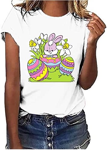 Велигденска модална маичка за жени за жени 2023 симпатична зајак графички кратки ракави Туника врвови лабава вклопена летна екипаж обична блуза