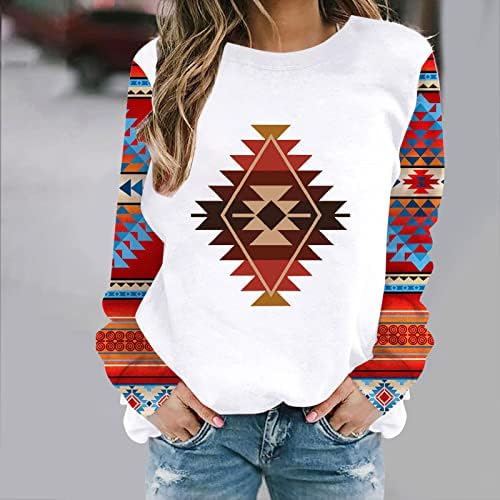 Женски западен Ацтек џемпер гроздобер етнички графички пуловер врвови со долг ракав екипаж Туники паѓаат случајни тепи
