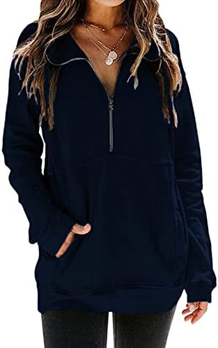 Ladmousен женски обичен долг ракав со долги ракави половина патент-џемпер лапел влечејќи преголеми врвови на пуловер со џебови （s-2xl