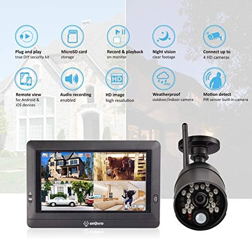 Sequro GuardPro Безжичен Надзор Безбедносна Камера Систем Со Монитор, IP66 Водоотпорен Надворешен Ноќен Вид HD AC-Придвижуван
