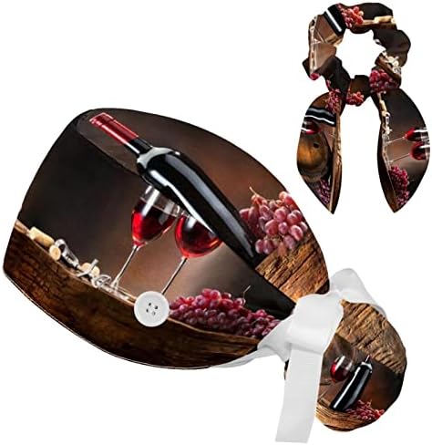 Муоум операција капа буфан капа работно капаче со копчиња и лак за коса за жени, долга коса, овошје од грозје од црвено вино