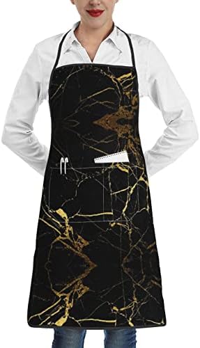 Целосна златна црна позадина печатена биб -престилка водоотпорен масло отпорен на голем џеб за мажи и жени за готвење за возрасни