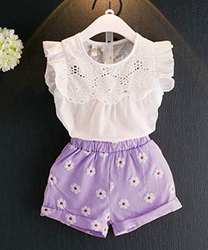 Cosuew Kids Девојка летна облека за мали облеки на мали облеки со ракави со ракави, врвни цветни шорцеви