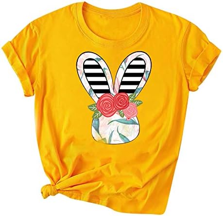 Велигденска маица за жени Симпатична зајаче печати кратки ракави, врвови на екипаж, обични кошули 2023 летни блузи
