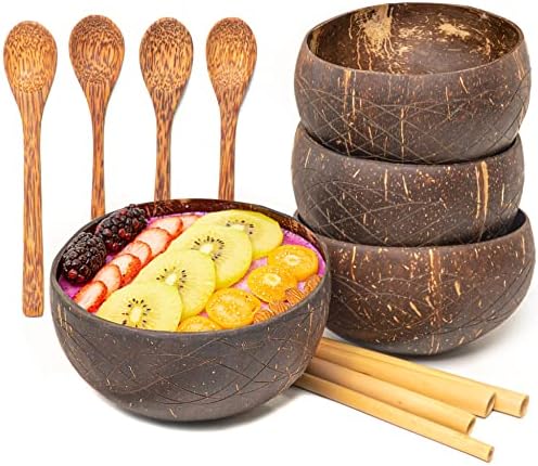 Комплетни чинии од дождовни шуми од 4 џамбо бранувања од кокос, 4 дрвени лажици и 4 сламки за еднократно бамбус - природни, рачни