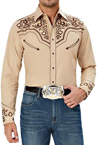 Salvaje Oeste Western везени каубојски кошули за мажи, случајно копче надолу со кошула со долг ракав, цветен дизајн ретро кошула