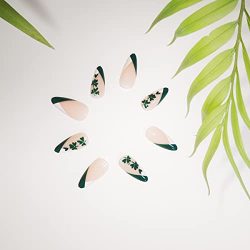 Денот На свети Патрик Притиснете На Ноктите Шамроки Лажни Нокти Средно Долги Зелени Лисја Со Француски Врв Дизајн Лажни Нокти Целосна