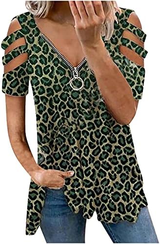 Womenените летни врвови шутираат печатење со v-вратот патент маица кратки ракави, обични блузи врвови, проточна маица
