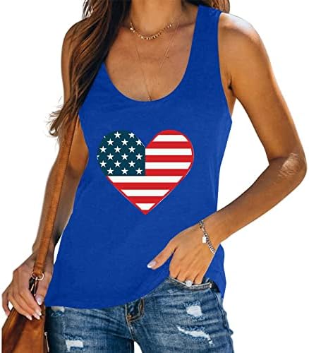 Дами Американско знаме за срце, врвен женски 4 -ти јули Патриотска кошула Симпатична графичка печатена маици во САД, резервоари за
