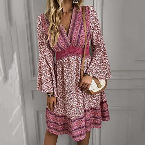 Boho фустан за жени цветни печати против вратот со долг ракав фустан гроздобер случајна ручана миди фустан трендовски лабави вклопни фустани
