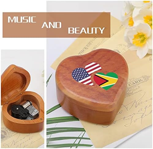 Гвајана американска знаме дрвена музичка кутија со форма на срцева форма музички кутии гроздобер дрвена кутија за подарок