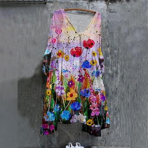 Womenените бохо се облекуваат обичен проток V врат мини фустан одморен цветни 3/4 ракави гроздобер фустани лабаво вклопување бохо