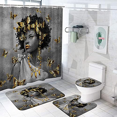 Дуобаором 4 Парчиња Поставени Афроамерикански Жени Завеса За Туширање Комплет Апстрактна Црна Девојка Златна Пеперутка На Теписи Што