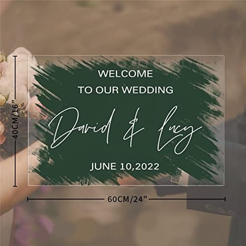 Современа акрилна свадба добредојде знак Ние сме ангажирани Ајде да славиме обичај добредојде на свадбата за свадба назад насликана темно зелена