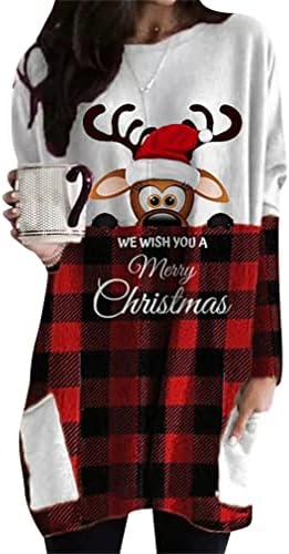 Bofе женски среќен Божиќен екипаж за долги кошули со кошули Смешни Божиќни џебови со долги ракави, пулвер