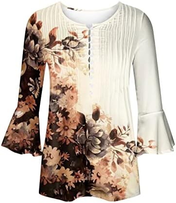 3/4 ракави врвови за туники за жени со цветно печатење копче V вратот Обични кошули со блуза, плетени предни лабави вклопувани маички