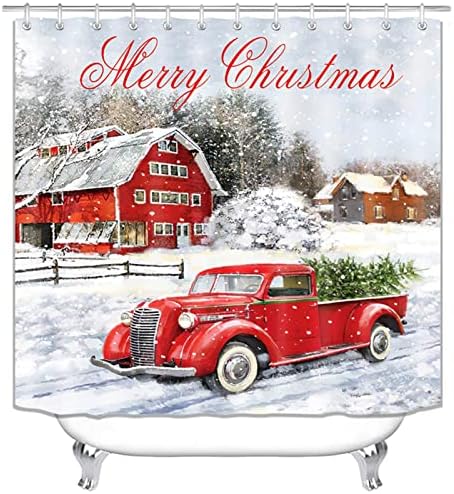 Доласев црвен камион Божиќни туш завеси за бања, гроздобер фарма куќа Божиќна туш завеса, рустикален Божиќ Божиќна тематска завеса