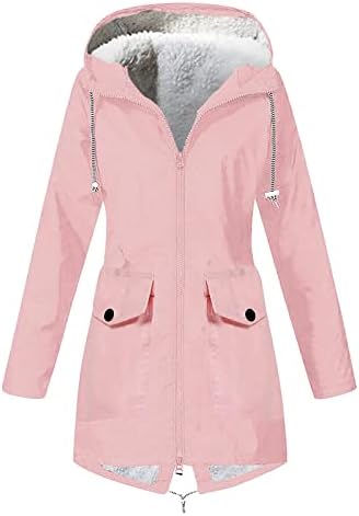 Rmxei faux крзно палто жени плишани цврсти ленти од дожд јакна на отворено плус водоотпорен качулки со врвови за ветерници за ветерници