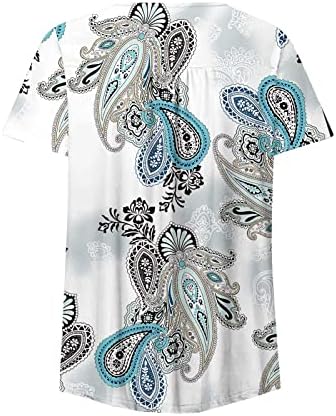 Womenените V-врат врвови цветни печатени печатени стомачни туники летни обични кратки ракави лабави маица со маица со маици со плетенка