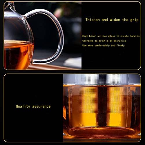 Стаклен чајник, стаклен сад со чај со отстранлив 304 инфузер од не'рѓосувачки челик, отпорен на топлина лабава чајник од лисја, безбеден