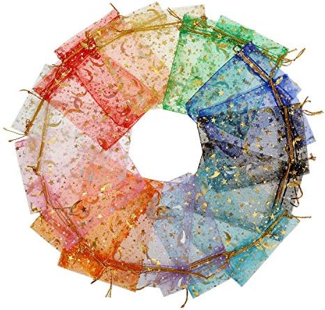 Тебери 200-Брои Избрани Торби За Подароци Во Органза Во Боја Со Врвка За Влечење Златна Месечина Ѕвезда Печатење Мрежа Накит
