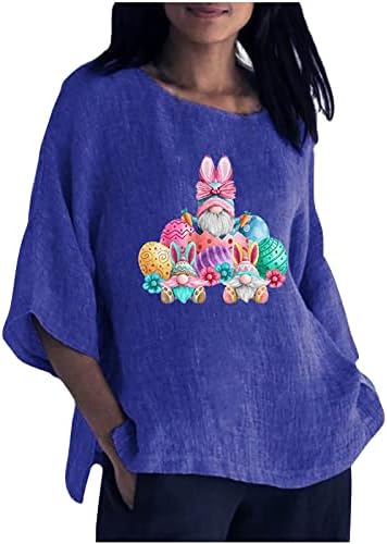 Велигденска памучна постелнина кошула за жени Симпатични гноми графички маички лабави се вклопуваат со кратки ракави на екипажот