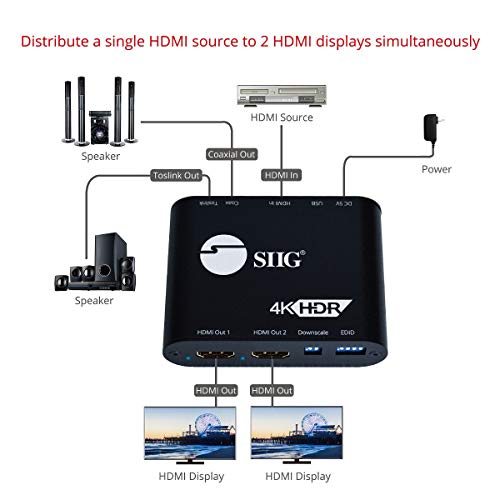 Siig 1x2 HDMI 2.0 Splitter 4K 60Hz со HDMI Audio Extractor & Auto DownScaling - HDCP 2.2, 3D, EDID, 1 на 2 надвор, за Game Xbox PS5