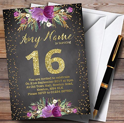 Креда Акварел Виолетова Злато 16-Ти Персонализирани Покани За Роденденска Забава