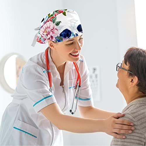 Сликање на цветна череп работна капа прилагодлива капаче за чистење со копчиња и лажна коса чиста за медицинска сестра доктор