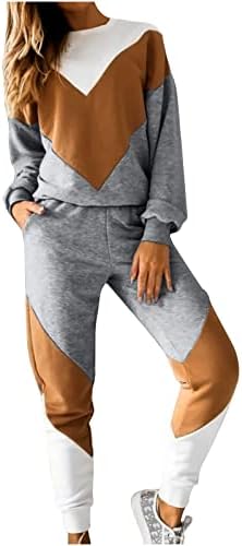 Женски 2 парчиња за лангирање сет во боја блок пуловер подигање панталони со панталони со долги панталони