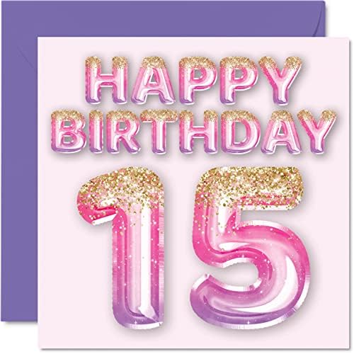 15-Ти Роденден Картичка За Девојки-Розова &засилувач; Виолетова Сјај Балони-Среќен Роденден Картички за 15 Годишно Девојче Ќерка