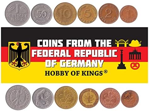 6 Монети Од Германија | Германска Колекција На Монети 1 2 5 10 50 Пфениг 1 Дојче Марк | Циркулирано 1950-2001 | Даб | Орел