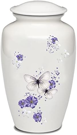 Виолетова пеперутки Кремација Урн - Шарен виолетова женска дизајн со јорговани цвеќиња - бела погребна урна - голема големина на возрасни