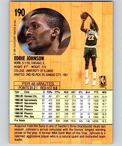 1991-92 Флеер серија 1 кошарка 190 Еди nsонсон Сиетл Суперсоника Официјална картичка за тргување во НБА