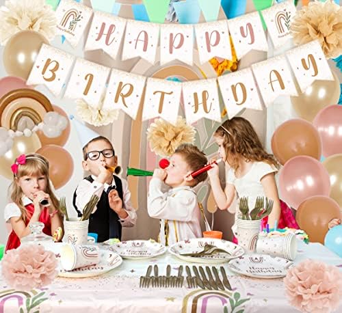 105 парчиња Бохо виножито за роденденски украси- Бохо забави за прибор за јадење, сет материјали вклучуваат БОХО среќен роденден банер, чаши чаши чаши чаши и хартија