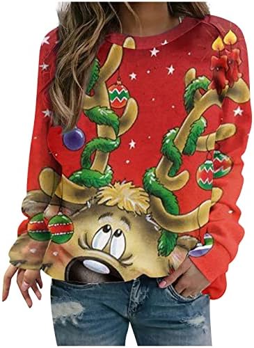 Christmasенски Божиќни забавни џемпери симпатични ирваси Дедо Мраз за печатење на пулвер со долги ракави на екипажот, обичен