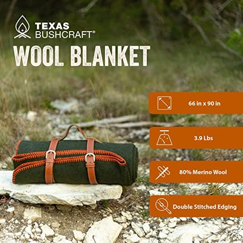 Texas Bushcraft Merino волна ќебе за кампување за пешачење и ранец-ќебе со ќебе со отпорни на вода и отпорен на оган ќе го затоплува и